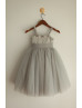 Beaded Gray Satin Tulle Flower Girl Dress Photoshoot Dress